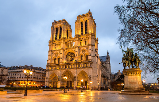 Evening view of the Notre-Dame de Paris - France