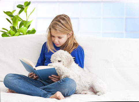 Girl reading a book for the a white puppy