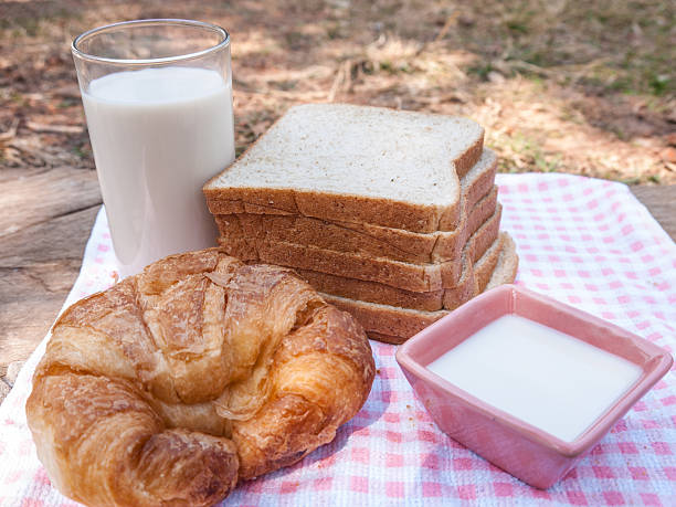 Freshly toasted salt and sesame bread, croissant,milk