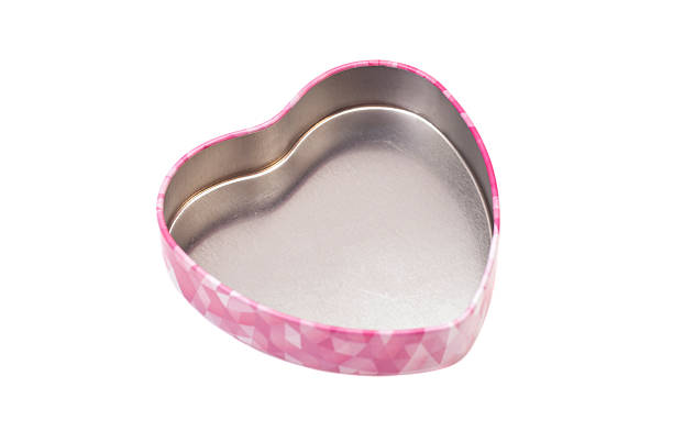 Open metal box in shape of heart isolated