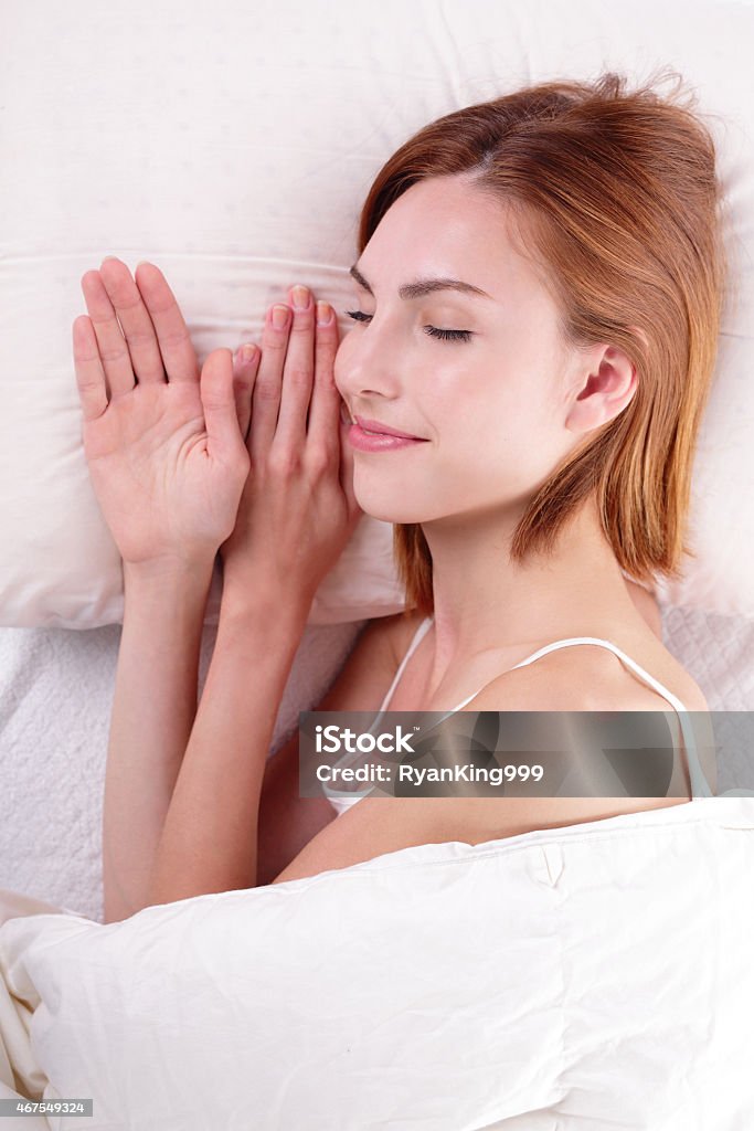 Good and health sleep Sleep Girl woman on bed in the morning, caucasian beauty 2015 Stock Photo