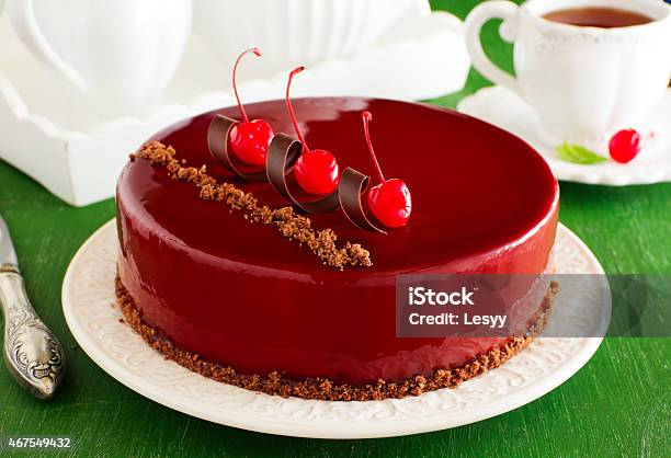 Chocolate Cherry Cake Covered With A Mirror Coating Stock Photo - Download Image Now