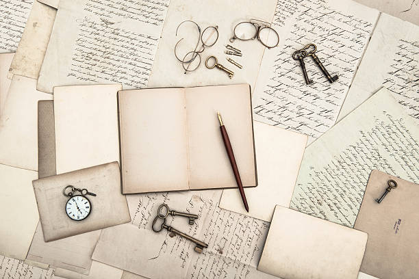 istock open book, vintage accessories, old letters and postcards 467551215