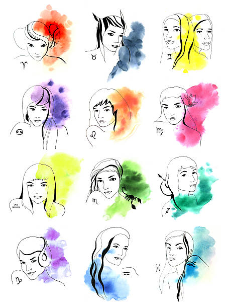Zodiac Signs Illustration of woman zodiac signs. Done with pen & ink, watercolours in 2013. blue ram fish stock illustrations