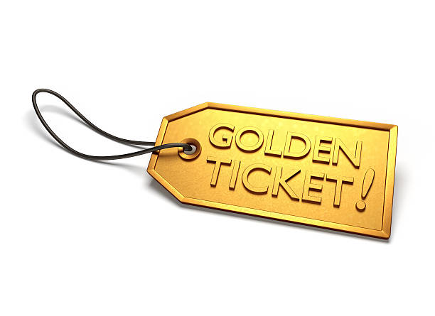 Illustration of a golden ticket on a white background Gold badge with string attached, isolated on white price tag photos stock pictures, royalty-free photos & images