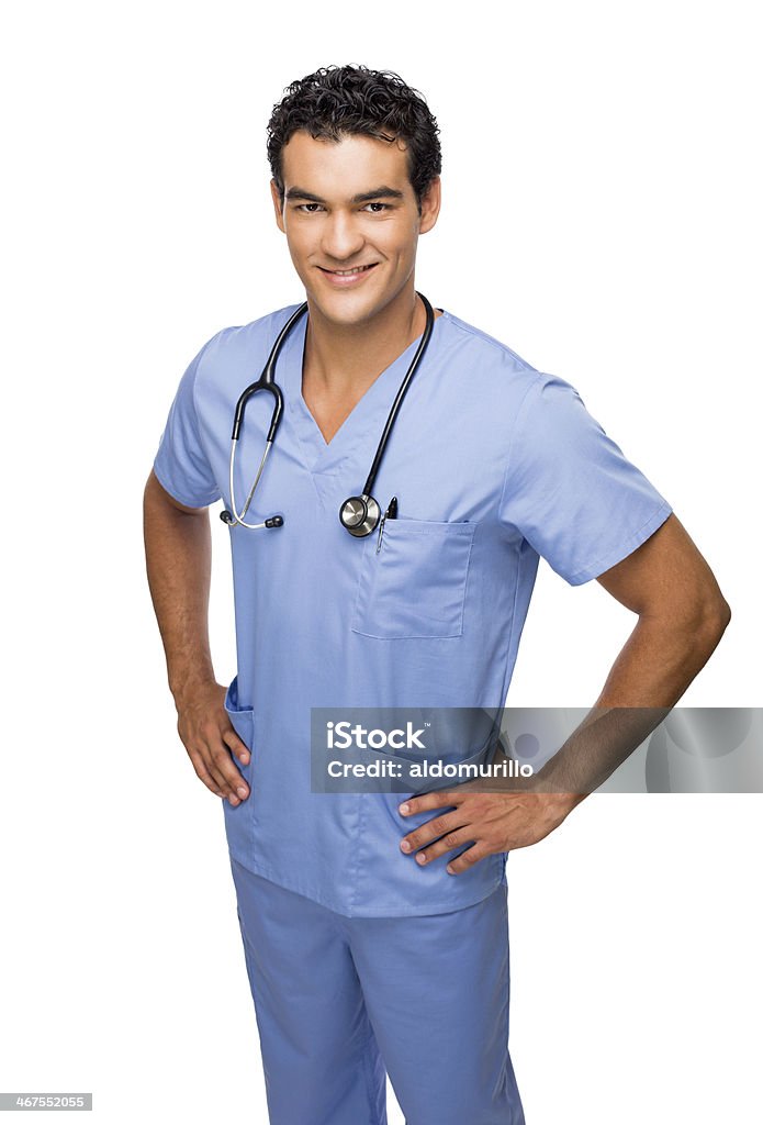 Young latin surgeon A handsome, young surgeon facing forward. Isolated on a white background. 30-39 Years Stock Photo