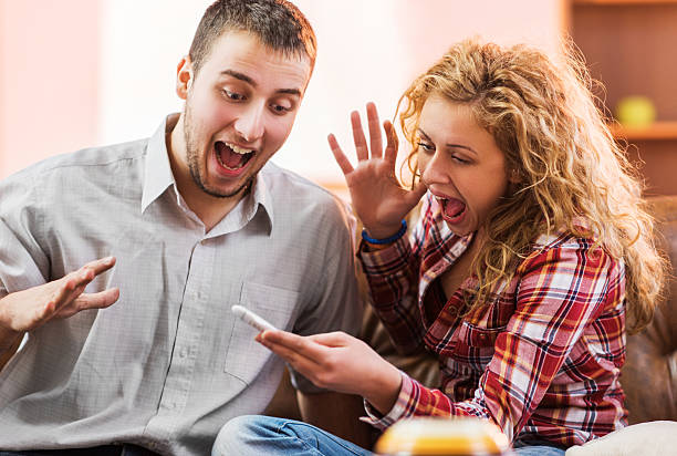 istock Cheerful couple got positive results on pregnancy test. 467552772
