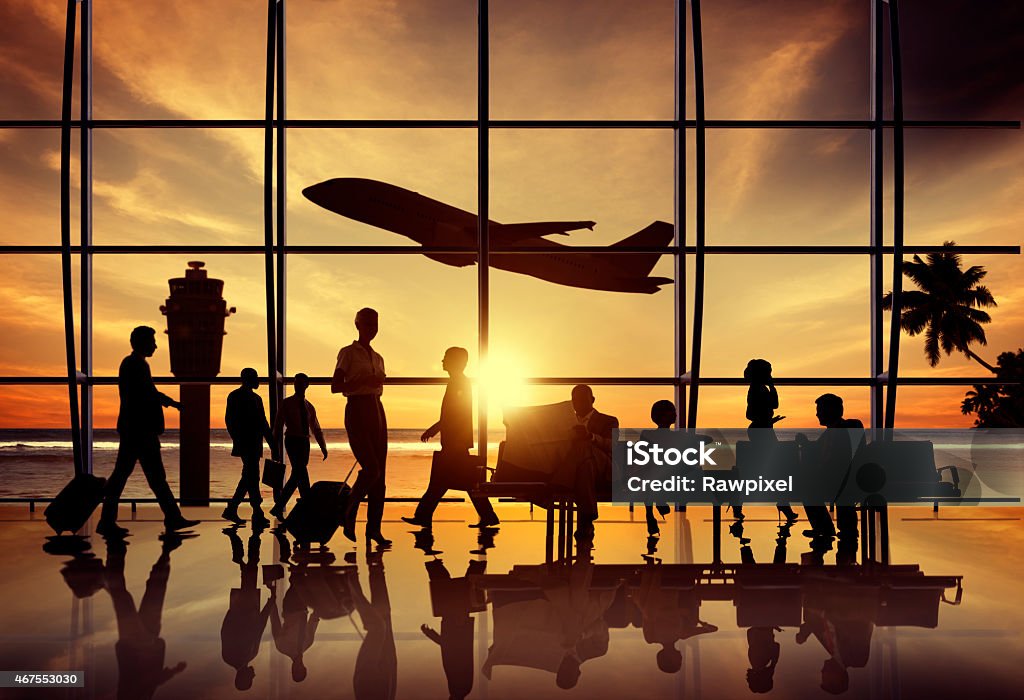 Group People Airport Business Travel Communication Concept ***NOTE TO INSPECTOR: This airplane is our own 3D generic design. It does not infringe on any copyrighted designs. 2015 Stock Photo