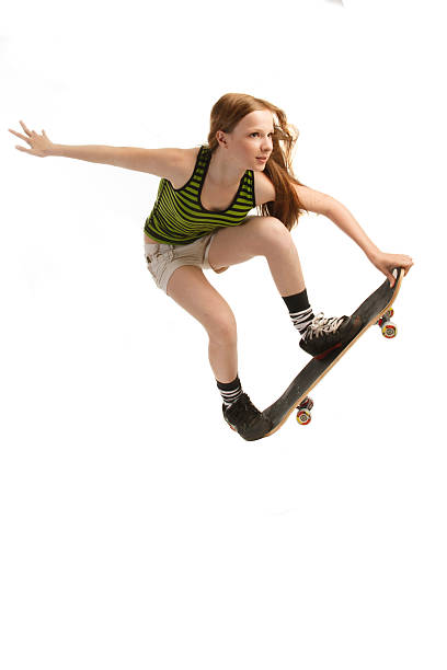 スケートボード、白で分離 - extreme skateboarding action balance motion ストックフォトと画像