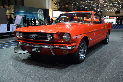 Geneva, Switzerland, March 3rd, 2015: The presentation of classic Ford Mustang on the Geneva Motor Show. This cabriolet is one of the most wanted classic cars with 60s.