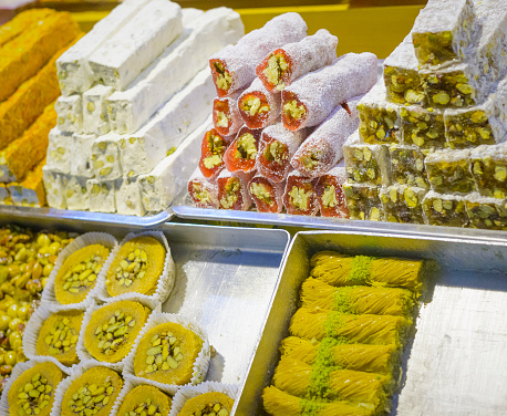 Turkish Treats or Turkish Delight on offer in a Bazaar in Istanbul Turky. These are typical oriental treats.