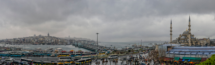 Sunny day in Istanbul, Turkey. Cityscape of Eminonu district, Golden Horn and Karakoy in background.