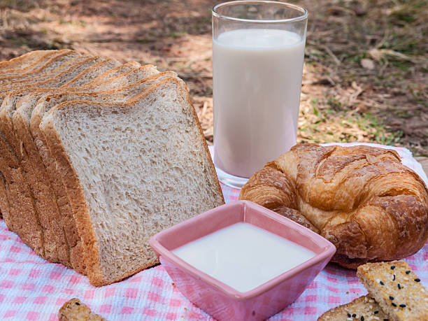 Freshly toasted salt and sesame bread, croissant,milk