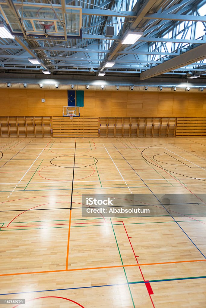 Empty Sports Hall, Basketball Hoop, Metal Roof, Wall Bars, Europe School gymnasium with metal roof, basketball hoop and backboards, wall bars, European flag on the wall, daylight from roof windows. Wooden walls and beautiful new parquet with lines and curves for different sports(basketball, volleyball, football). Elevated view. Brown and gray colors dominate. Nikon D800, full frame, XXXL. Basketball - Sport Stock Photo