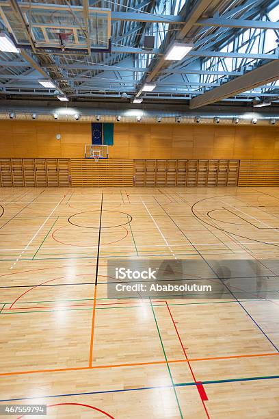 Empty Sports Hall Basketball Hoop Metal Roof Wall Bars Europe Stock Photo - Download Image Now