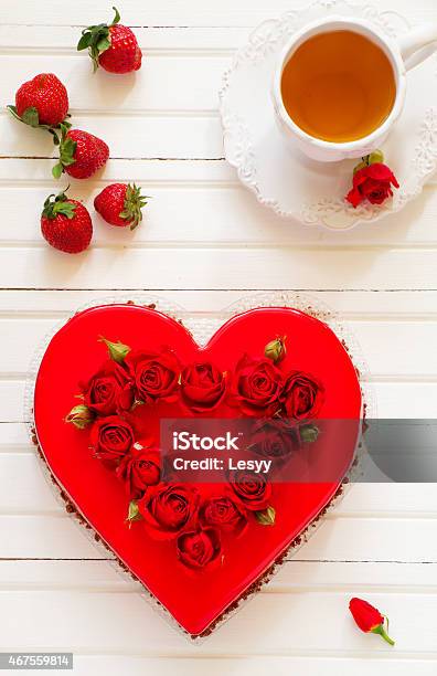 Chocolate And Strawberry Mousse Cake In The Shape Of Heart Stock Photo - Download Image Now