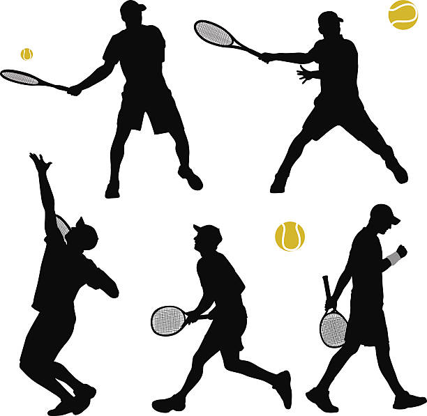 illustrazioni stock, clip art, cartoni animati e icone di tendenza di tennismoves - tennis silhouette back lit tennis ball