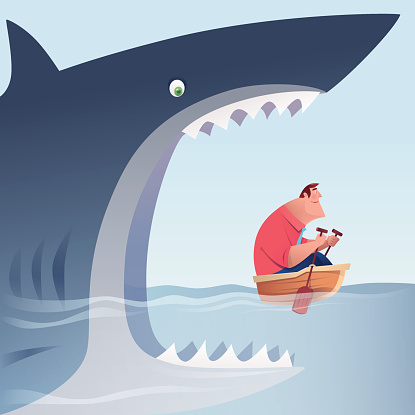 big shark attacking businessman who is rowing