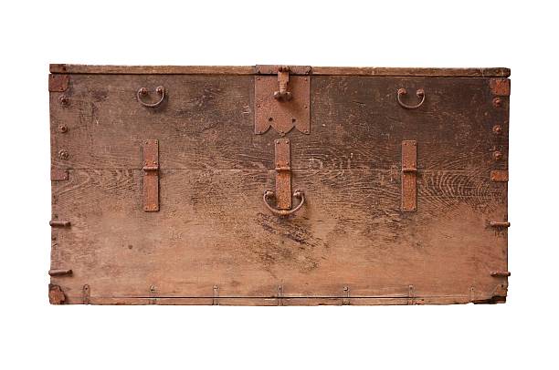istock Front view of an old wooden chest isolated on white 467565994