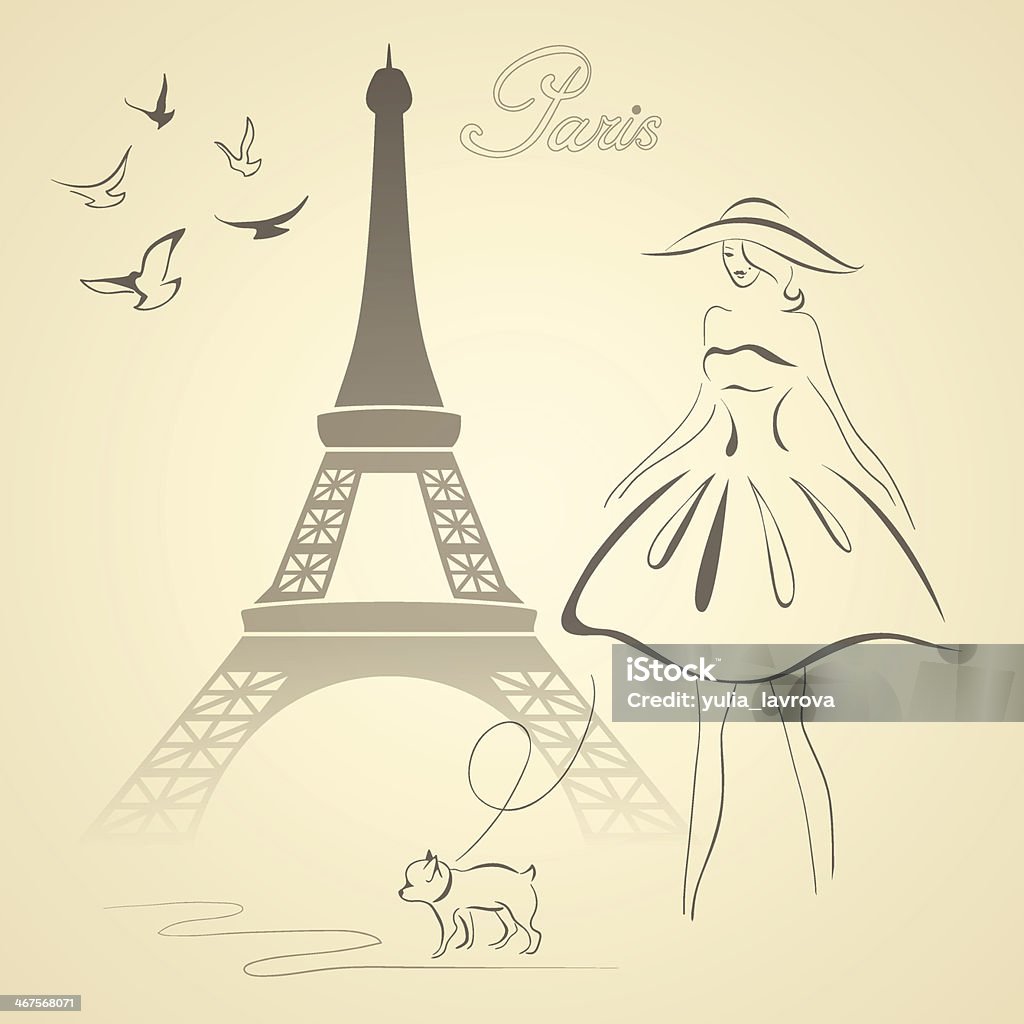 French retro style vector illustration Eiffel tower, woman, dog and some doves vector illustration Baby Girls stock vector