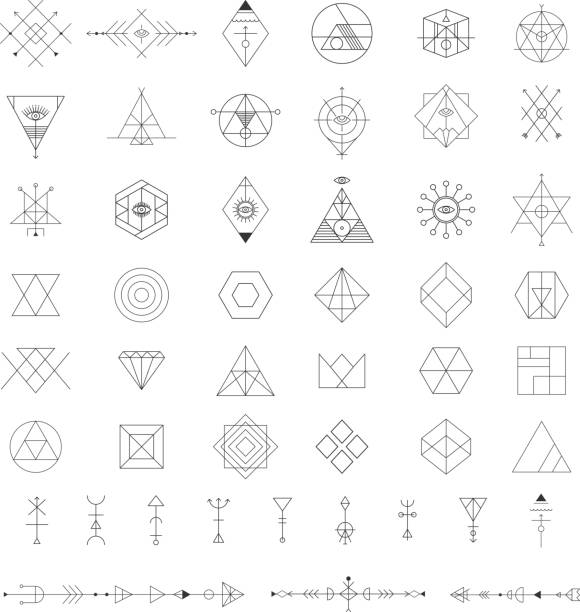 Set of vector trendy geometric icons. Alchemy symbols collection. Religion, philosophy, spirituality, occultism. occult symbols stock illustrations