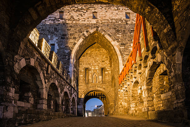 The 14th century Ponttor in Aachen, Germany in the evening. Beside the Marschiertor the Ponttor is one of the two remaining gates of the original city wall of Aachen.
