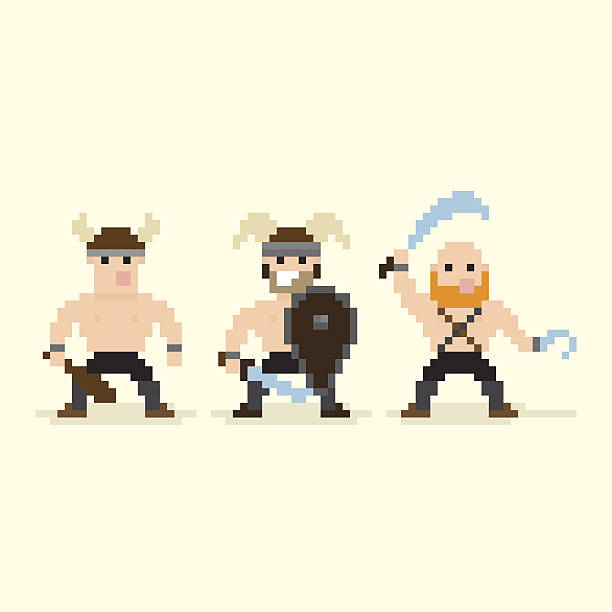 Pixel Barbarians Three pixel art barbarian characters standing in different stances cartoon of painted skull faces stock illustrations