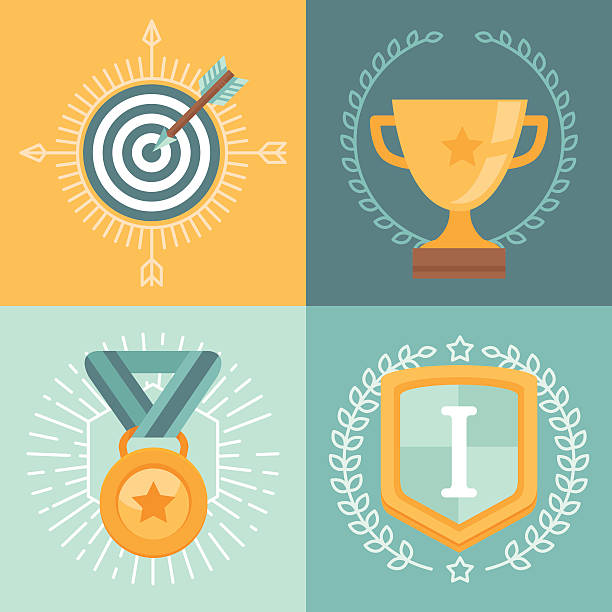 Vector achievement badges Vector achievement badges and emblems in flat style - success concepts and icons gamification badge stock illustrations