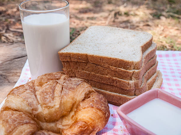 Freshly toasted salt and sesame bread, croissant,milk