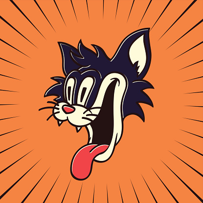 vintage toons: retro cartoon character hungry crazy cat smiling with tongue out looking at something tasty, appetizing and delicious.