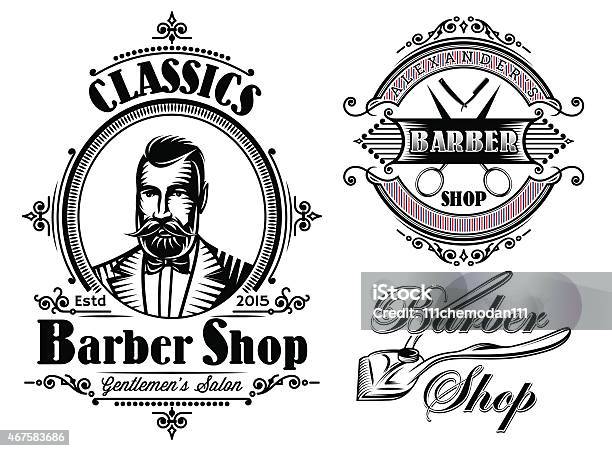 Set Of Emblems On A Theme Barber Shop Stock Illustration - Download Image Now - Barber Shop, Barber, Sign