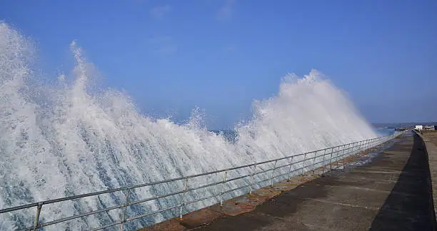Wide angle image of a tidal wave of water hitting the coast.