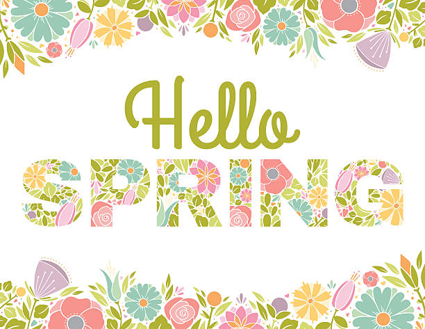illustrations, cliparts, dessins animés et icônes de bonjour fleurs de printemps fond de texte - hello