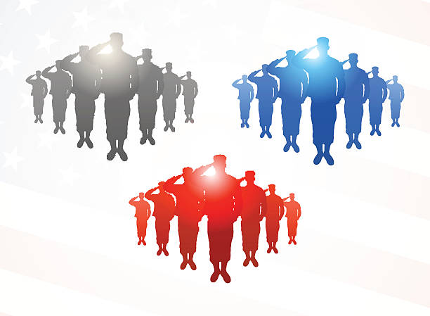 ilustraciones, imágenes clip art, dibujos animados e iconos de stock de tres grupos de hacer un saludo soldados en gris, azul y rojo - hacer el saludo militar
