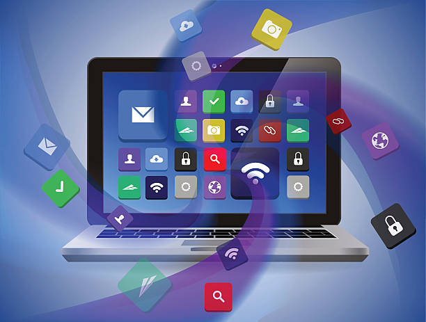 istock Laptop with abstract waves, cloud of apps. Connect, download information. 467595442