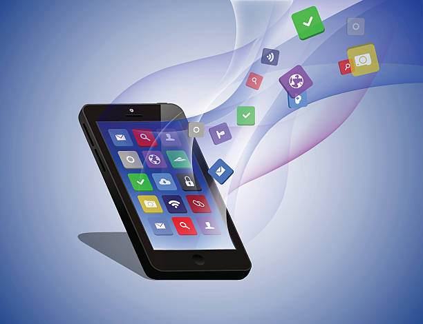 istock Smart phone, abstract waves, cloud of apps. Connect, download information. 467595494