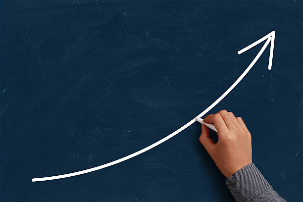 Growth Concept Growth Concept on blue chalkboard with the hand of businessman. man writing on white board stock pictures, royalty-free photos & images