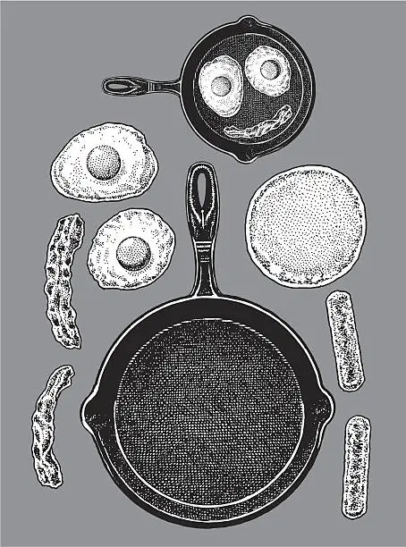 Vector illustration of Frying Pan - Bacon, Eggs, Pancakes, Sausage