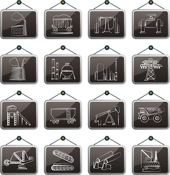 ilustraciones, imágenes clip art, dibujos animados e iconos de stock de iconos de industria pesada - mining pipeline metallurgy oil industry