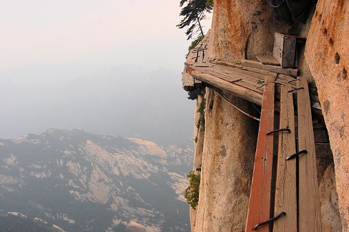 Dangerous walkway via ferrataat top of holy Mount Hua Shan in Shaanxi province near Xi'an, China