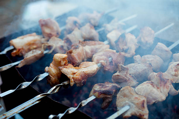 sfondo di croccante grigliate di carne e cipolla kebab - discerning foto e immagini stock