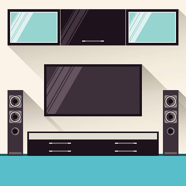 wnętrze pokoju z telewizję. modny płaski styl z długie cienie - horizontal illustration and painting wall speaker stock illustrations