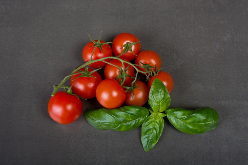 Fresh grape tomatoes with green basil leaves