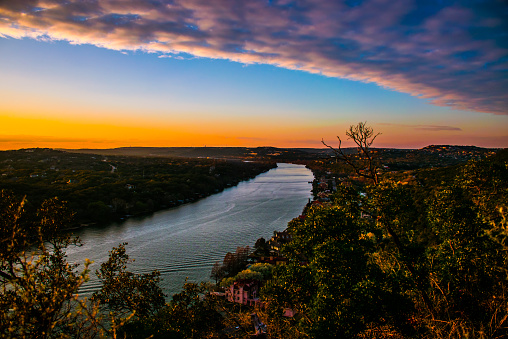 Mount Bonnell Hill Top View Sunset Clouds Rolling in Vivid
