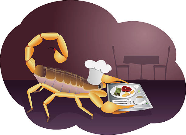 Scorpion waiter Scorpion waiter is carrying a tray with food and drink banquet chairs stock illustrations