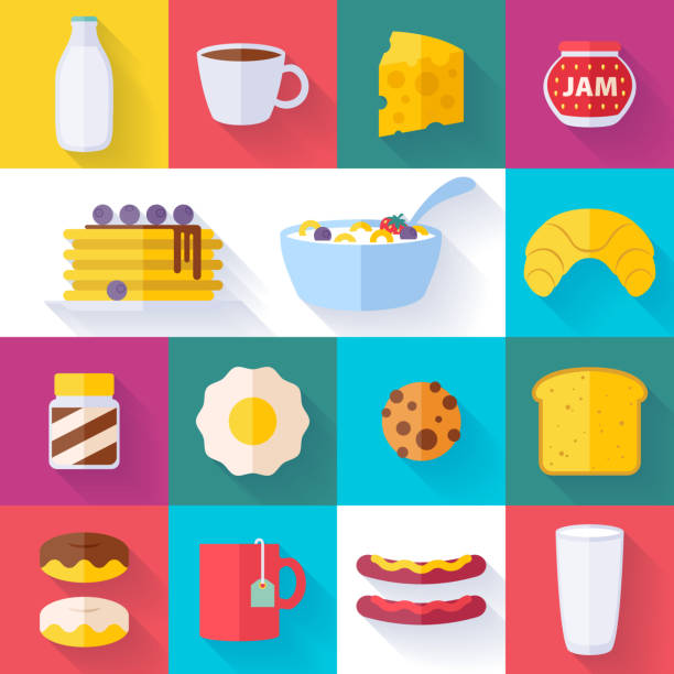 набор красочных иконок завтрак - bread waffle bacon toast stock illustrations