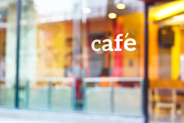 colorful and pastel coffee shop and text cafe in front of mirror for background, soft and blur concept