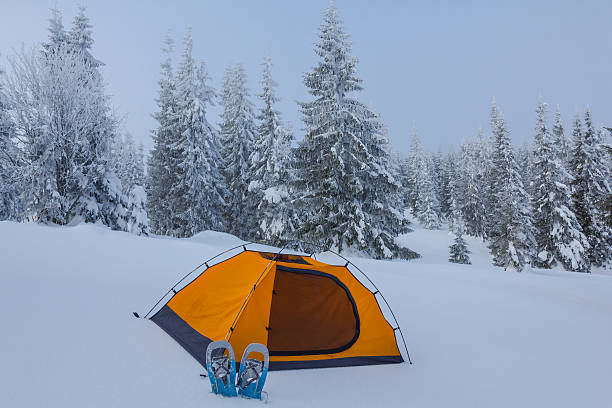 istock orange touristic tent in a winter forest 467616179