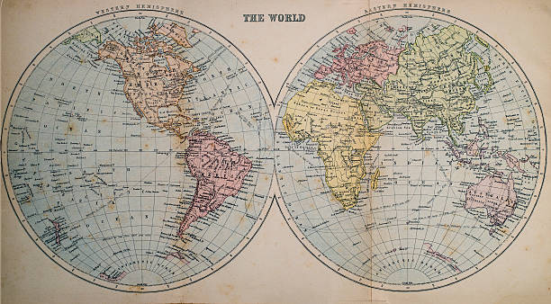 Antique Map of World Victorian era map of the World originally published in 1880 eastern hemisphere stock pictures, royalty-free photos & images