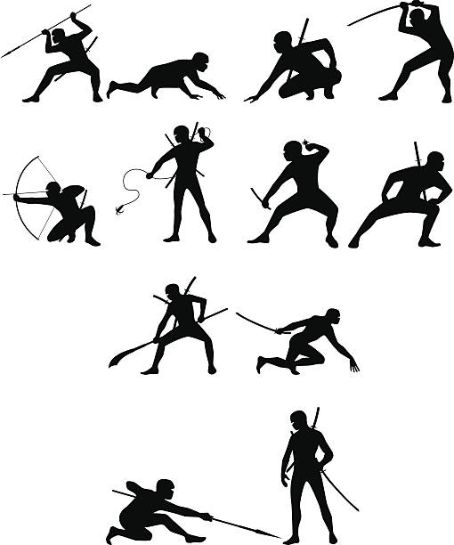 zestaw sylwetki ninja - halberd stock illustrations